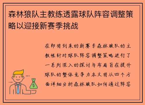 森林狼队主教练透露球队阵容调整策略以迎接新赛季挑战