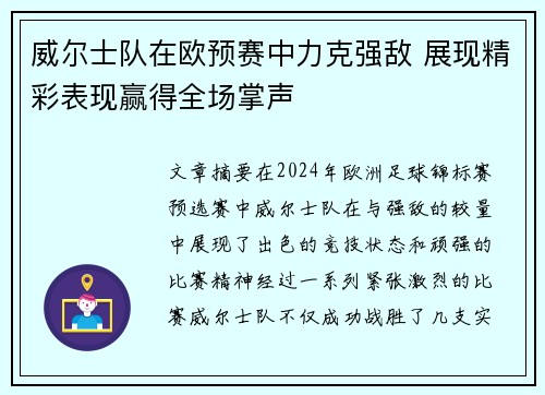 威尔士队在欧预赛中力克强敌 展现精彩表现赢得全场掌声