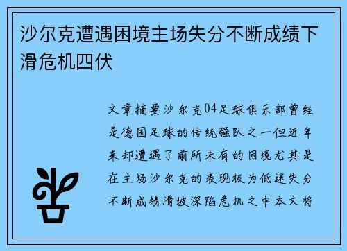 沙尔克遭遇困境主场失分不断成绩下滑危机四伏