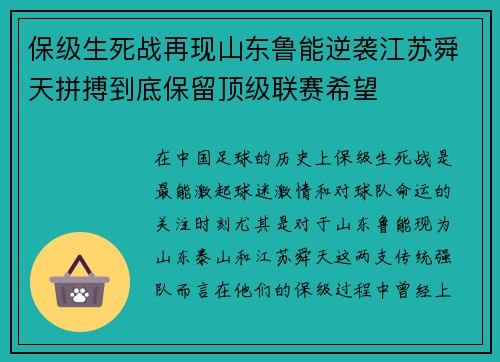 保级生死战再现山东鲁能逆袭江苏舜天拼搏到底保留顶级联赛希望
