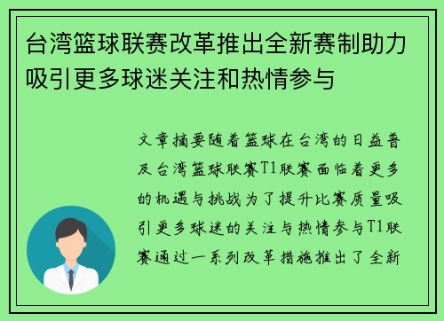 台湾篮球联赛改革推出全新赛制助力吸引更多球迷关注和热情参与