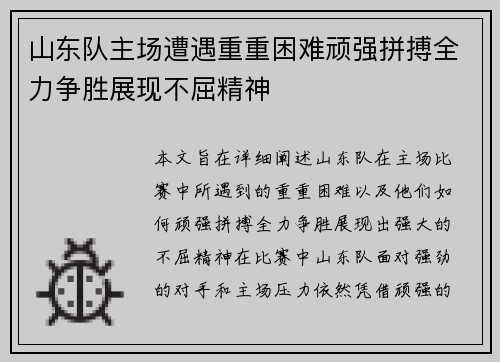 山东队主场遭遇重重困难顽强拼搏全力争胜展现不屈精神