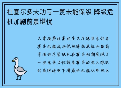 杜塞尔多夫功亏一篑未能保级 降级危机加剧前景堪忧