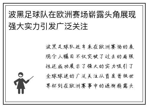 波黑足球队在欧洲赛场崭露头角展现强大实力引发广泛关注