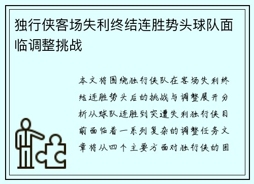 独行侠客场失利终结连胜势头球队面临调整挑战