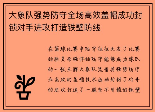 大象队强势防守全场高效盖帽成功封锁对手进攻打造铁壁防线